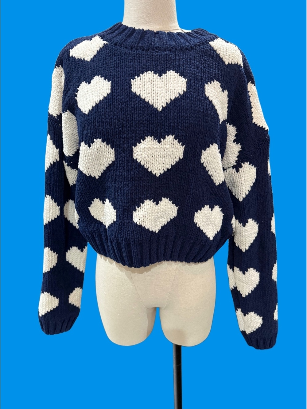 Navy Blue and White Heart Pattern Chunky Knit Sweater Medium